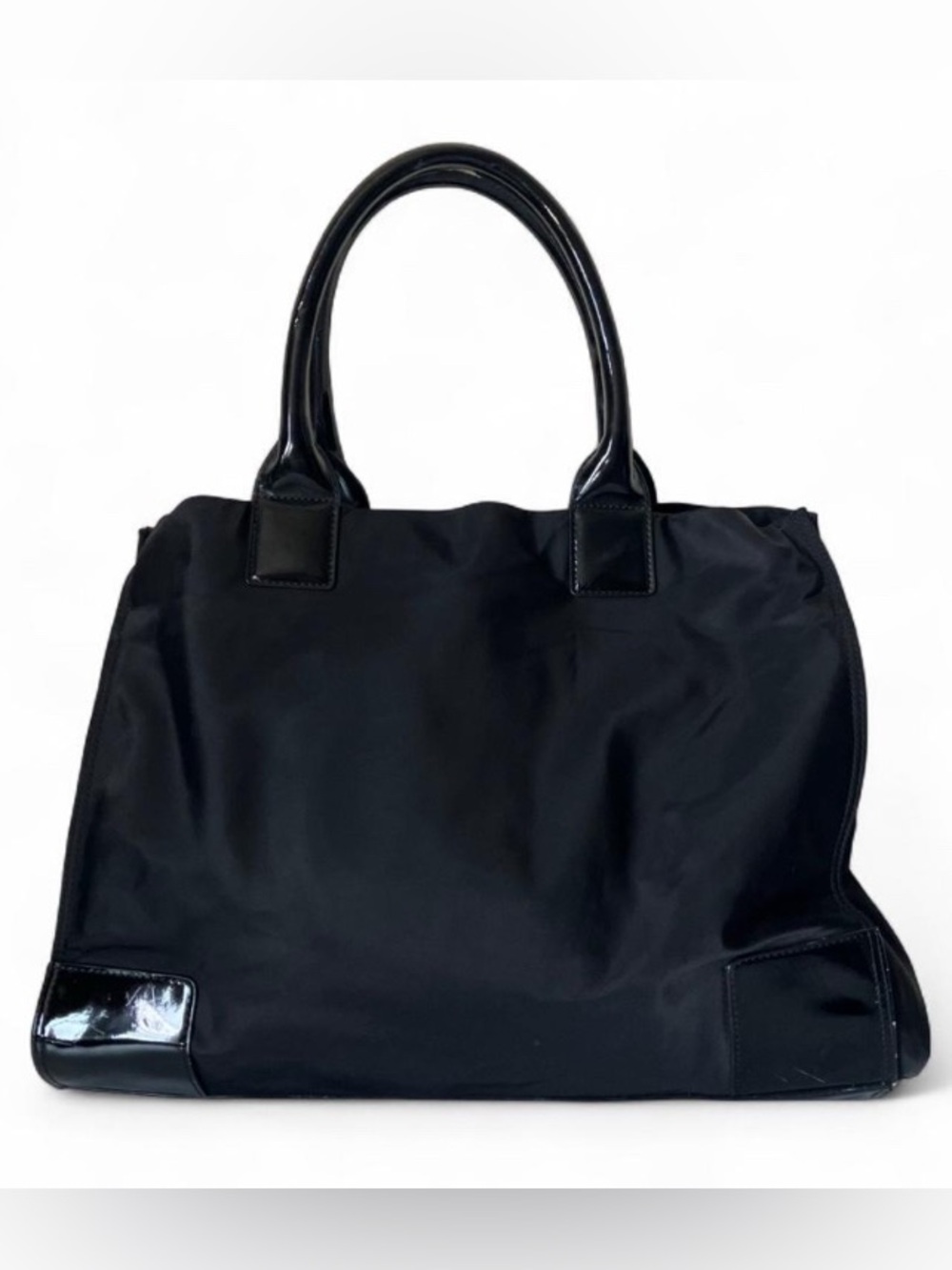 Tory Burch Ella Oversized Nylon Tote Black Patent Logo Large Shoulder Bag - Picture 3 of 6